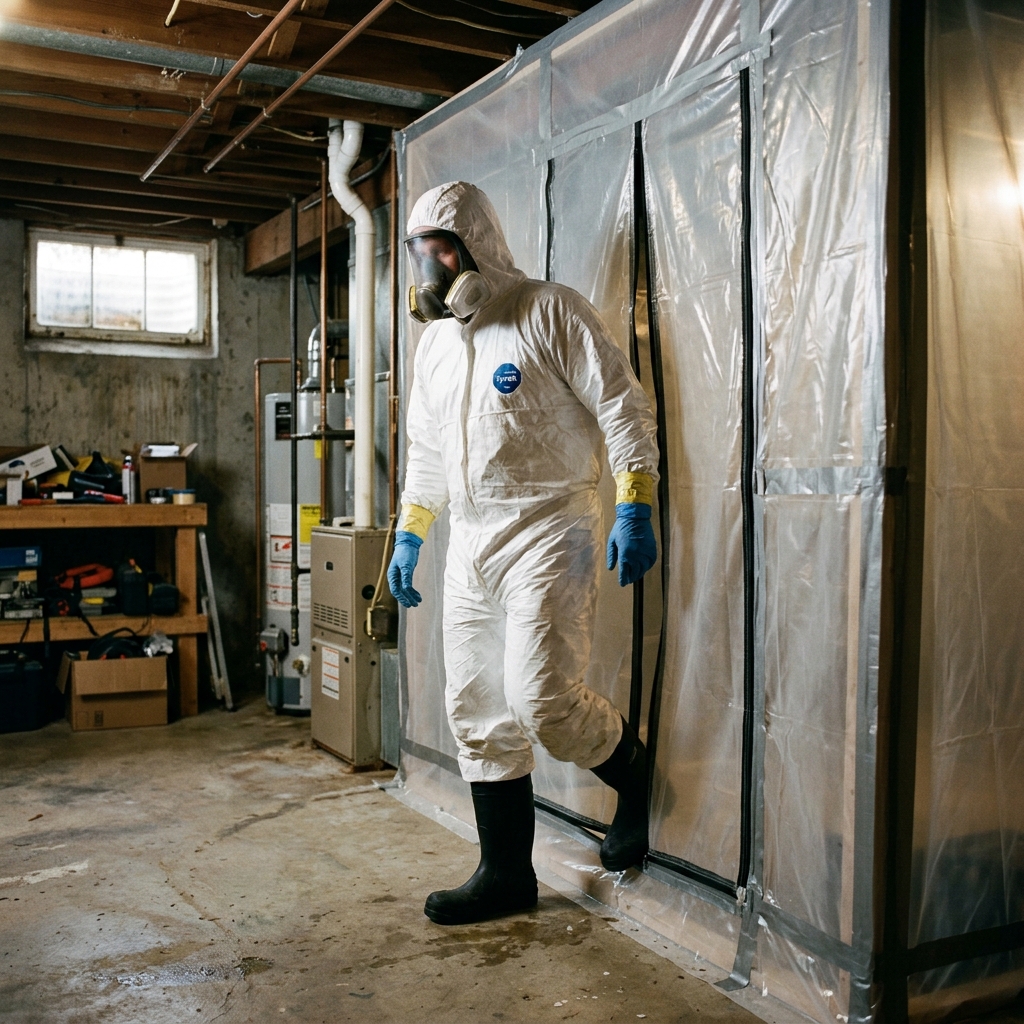 Technician in full PPE exiting a containment zone during biohazard cleanup in Haltom City