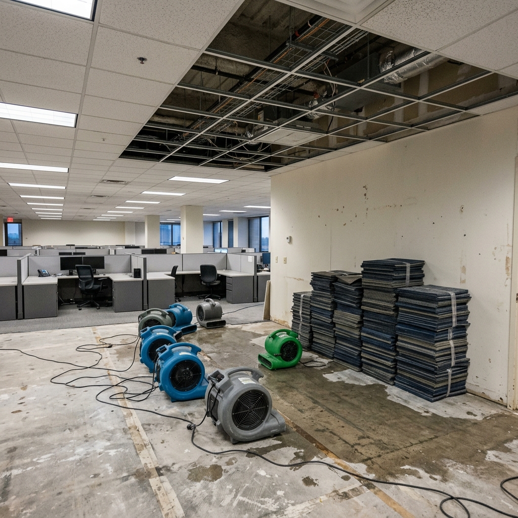 Commercial-grade drying equipment in an office space after water damage in Haltom City