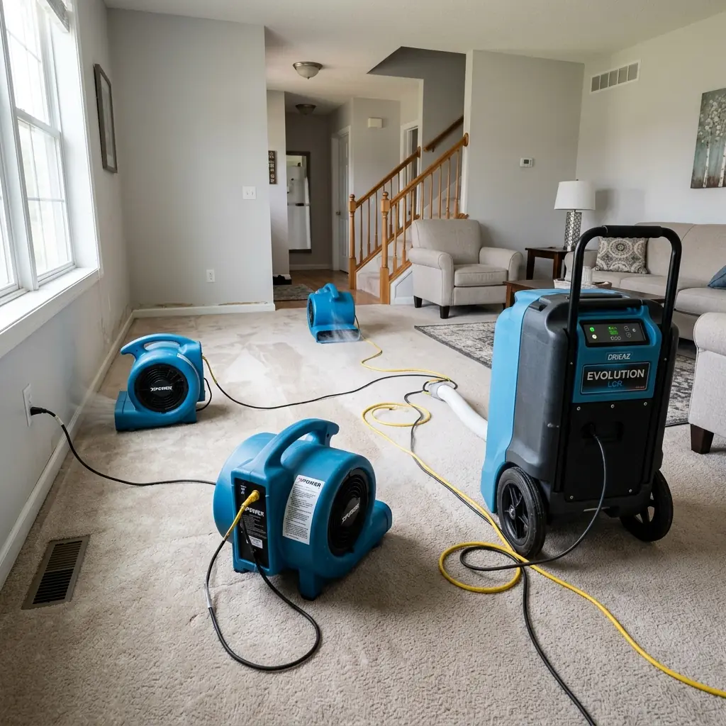 Dri-Eaz LGR dehumidifier and air movers drying a home after water damage in Haltom City
