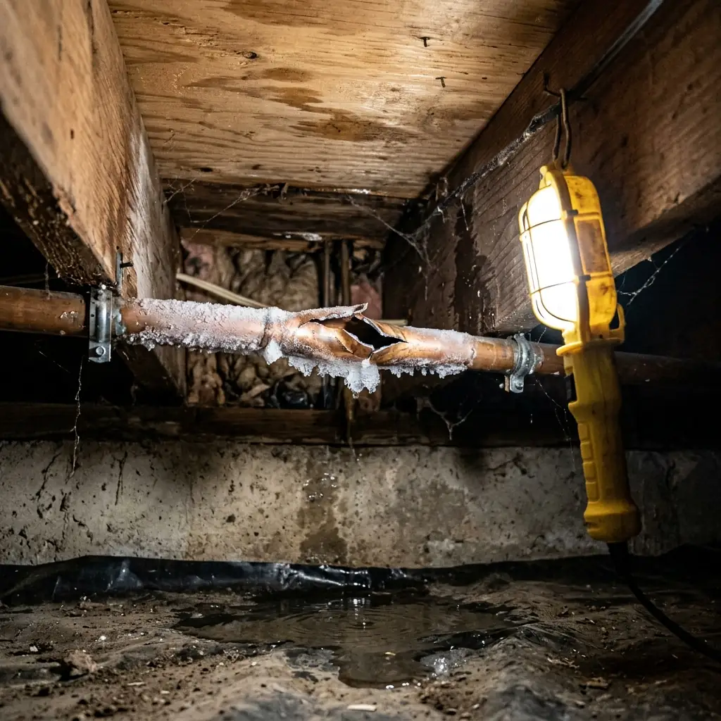 A frozen, burst copper pipe in a crawl space, a common winter risk in Haltom City