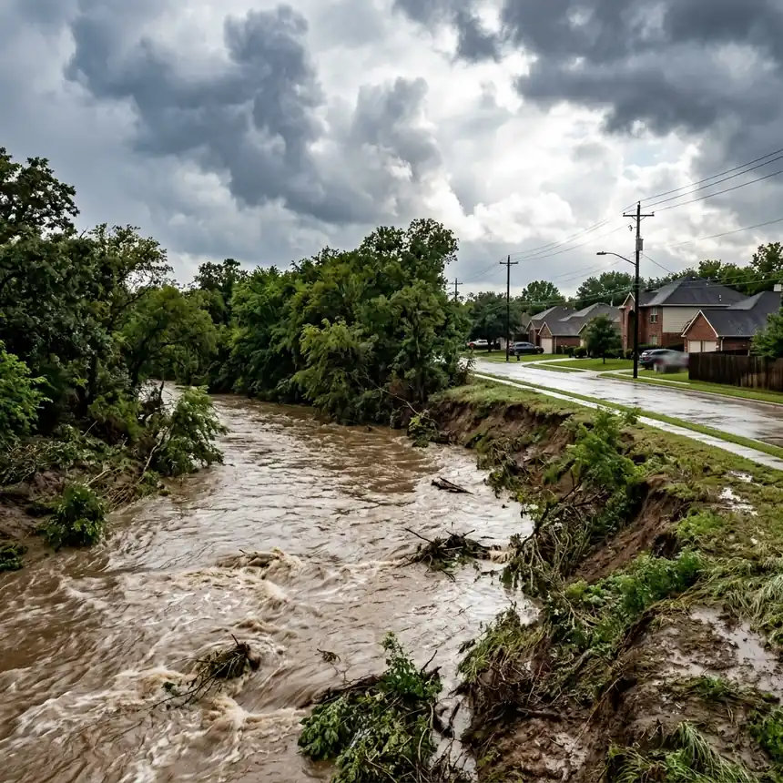 Big Fossil Creek running high after heavy rain near homes in Haltom City