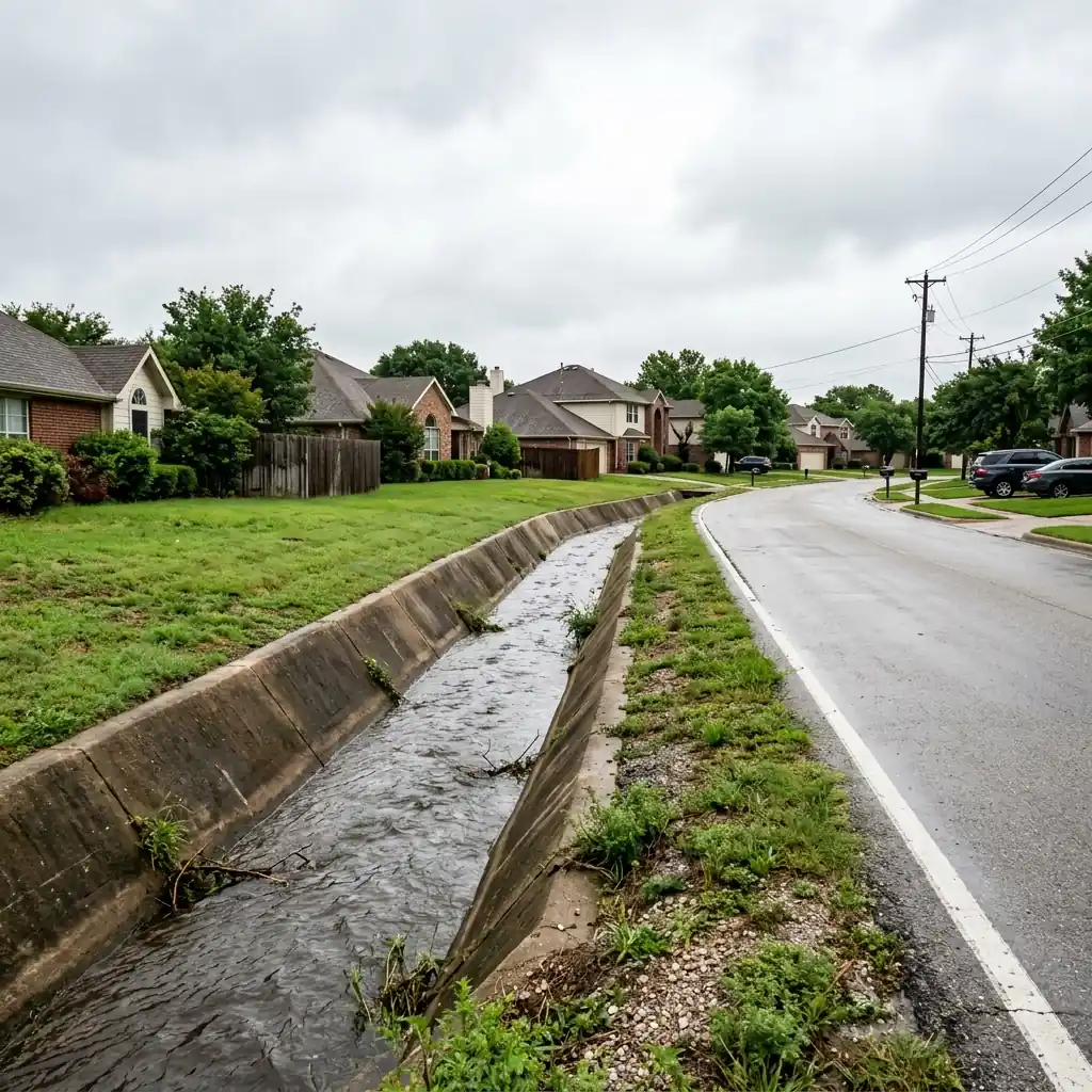 A drainage culvert near homes in Haltom City, illustrating flood-prone-area risk