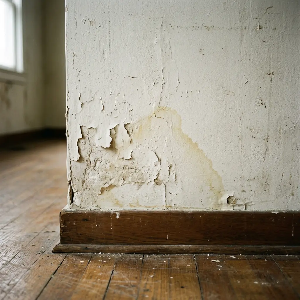 A hidden water damage stain spreading along a wall and baseboard in Haltom City