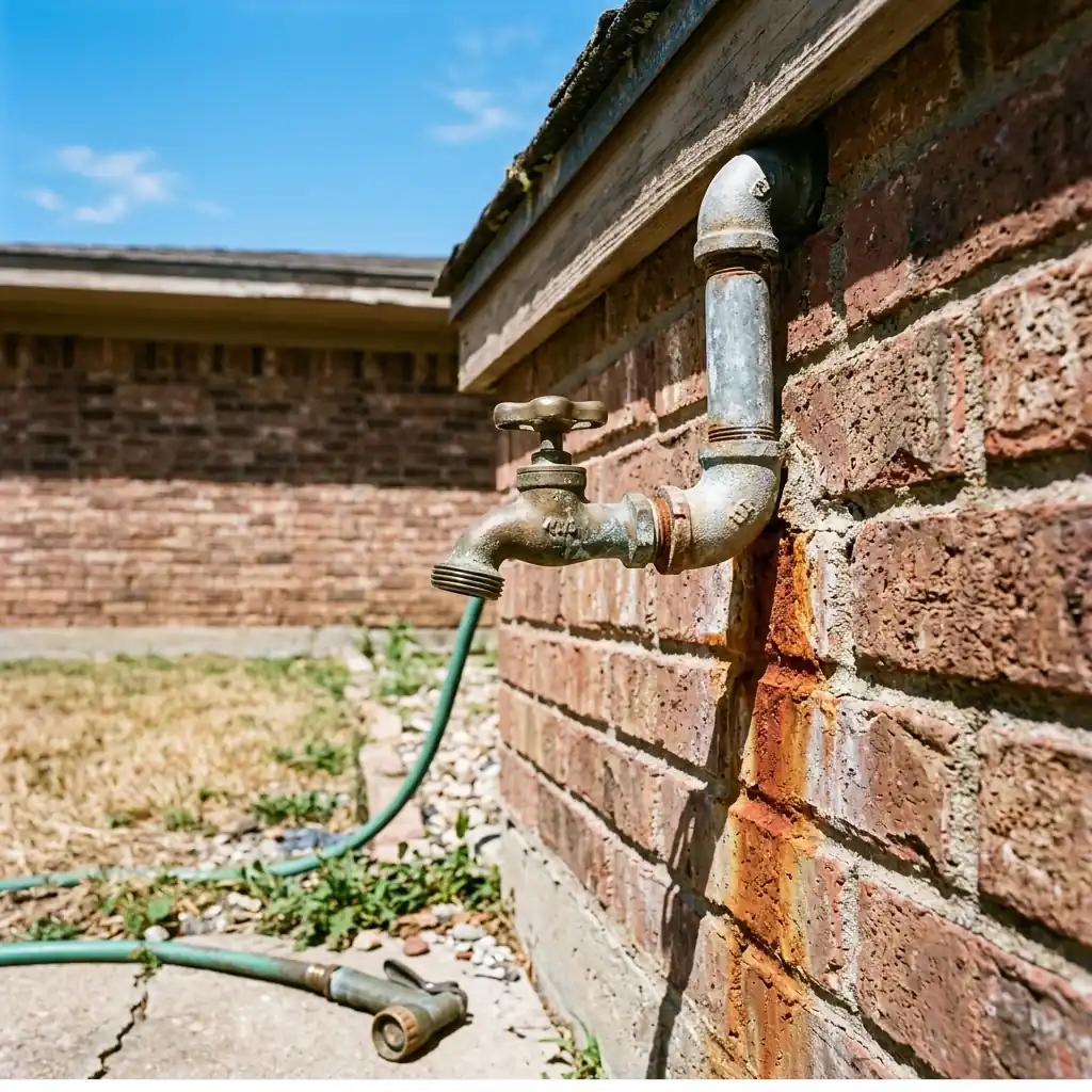 An older home's aging exterior plumbing in Haltom City, illustrating older-home water damage risk