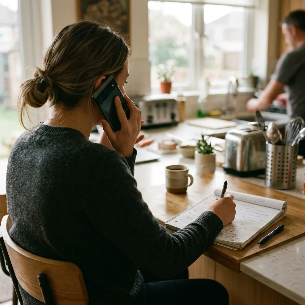 A homeowner on the phone taking notes before hiring a water damage contractor in Haltom City