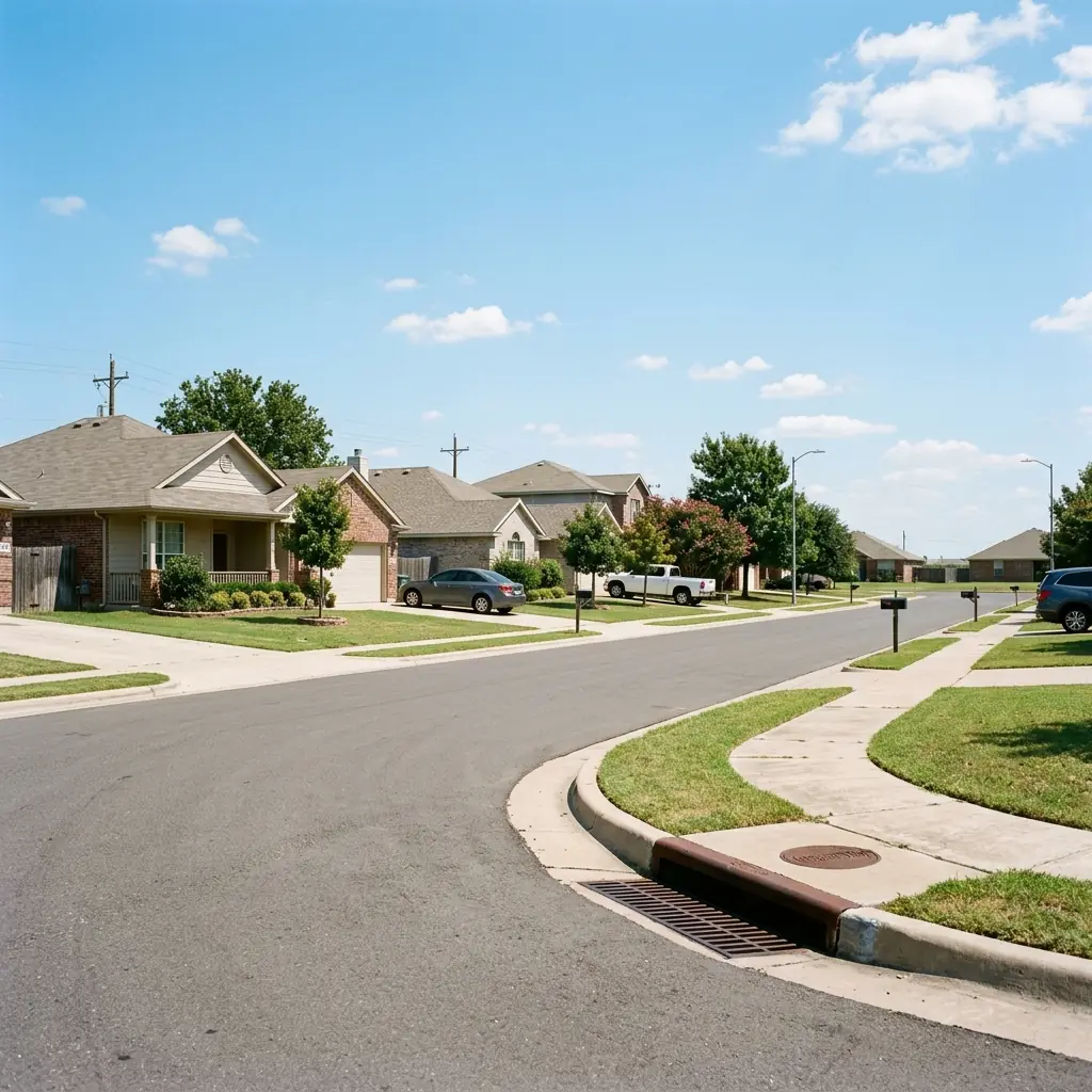 A residential street in Garden of Eden, Haltom City, on flat low-lying terrain