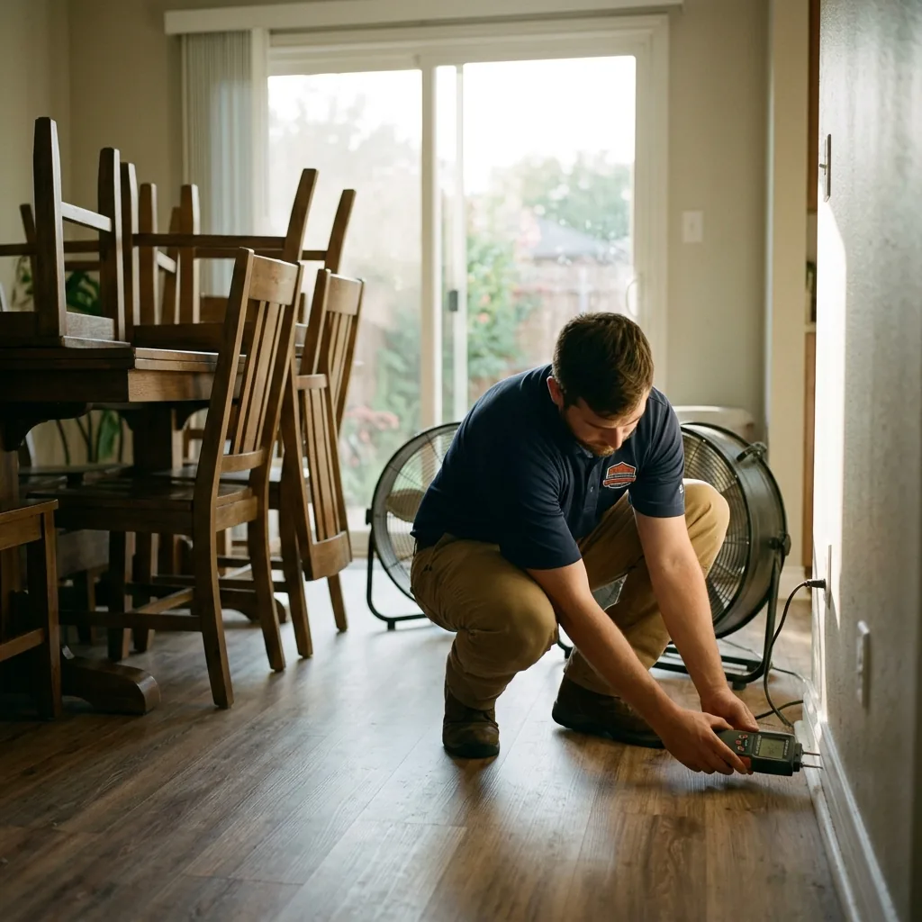 A water damage restoration technician setting up drying equipment in a North Texas home in Haltom City