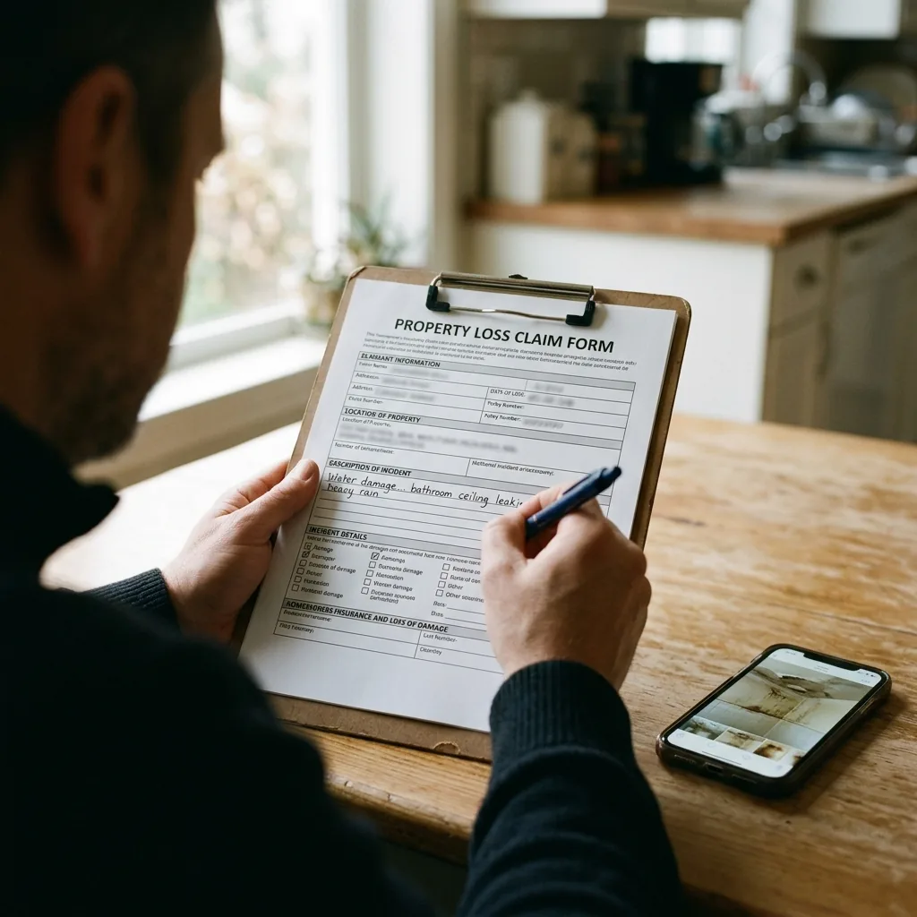 A homeowner filling out a water damage insurance claim form in Haltom City