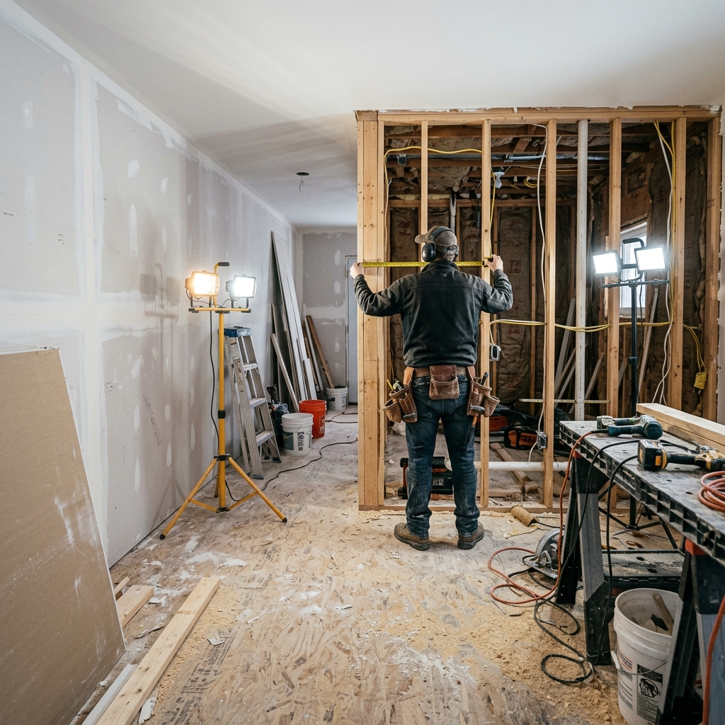 Drywall and framing rebuild in progress during full-service reconstruction in Haltom City
