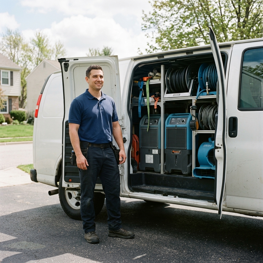 A water damage restoration technician in Haltom City, ready to respond with fully equipped service vehicles