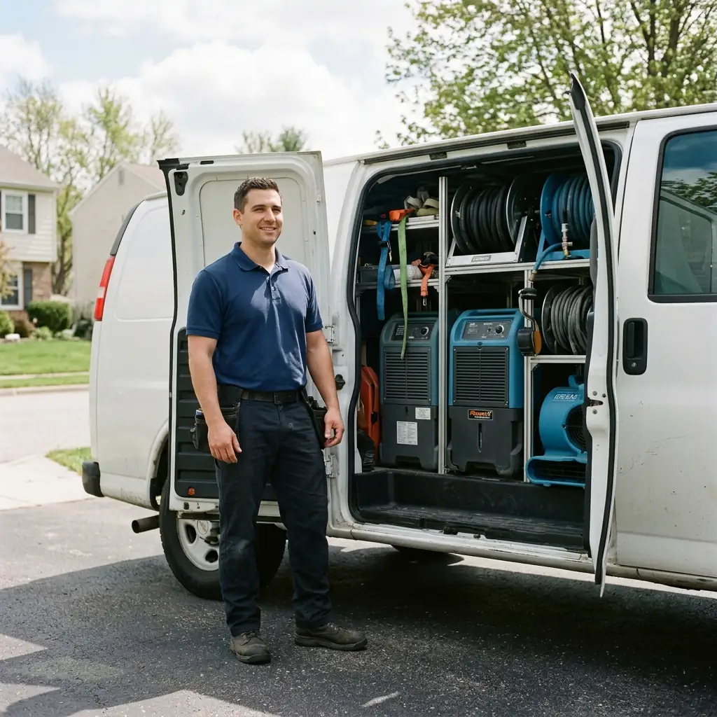A water damage restoration technician in Haltom City, ready to respond with fully equipped service vehicles