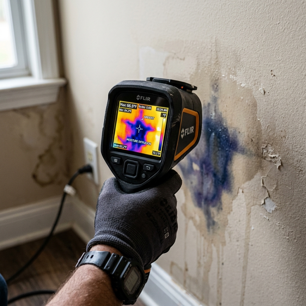 FLIR thermal imaging camera detecting hidden moisture behind a wall in Haltom City